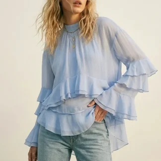 Blusa Assimétrica com Babados em Camadas de Chiffon em Azul Claro
