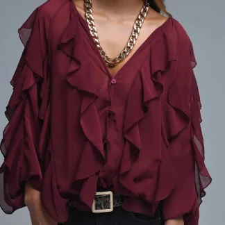 Blusa borgonha com decote em V e folhos