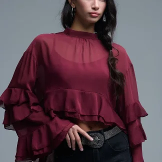 Blusa borgonha em chiffon com folhos