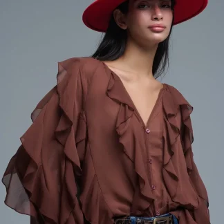 Blusa castanha com decote em V e folhos