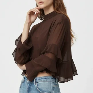 Blusa castanha em chiffon com folhos estilo capa transparente