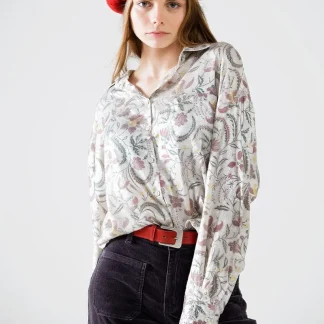 Blusa de cetim com estampado de flores em cinzento