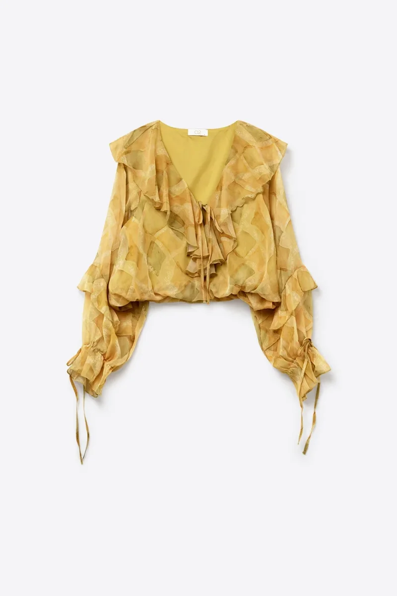 Blusa Transparente com Detalhe de Babado Mostarda e Amarração Frontal - Image 6