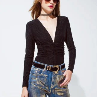 Body brilhante de manga comprida em preto