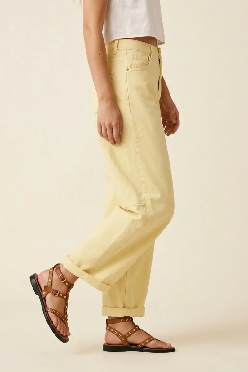 Calças Amarelo-Claro de Algodão de Perna Larga com costura lateral