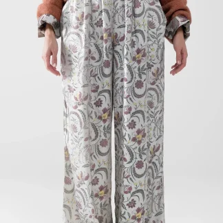 calças de cetim cinzentas com estampado de flores