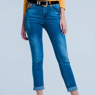 Calças de ganga skinny com detalhe leopardo