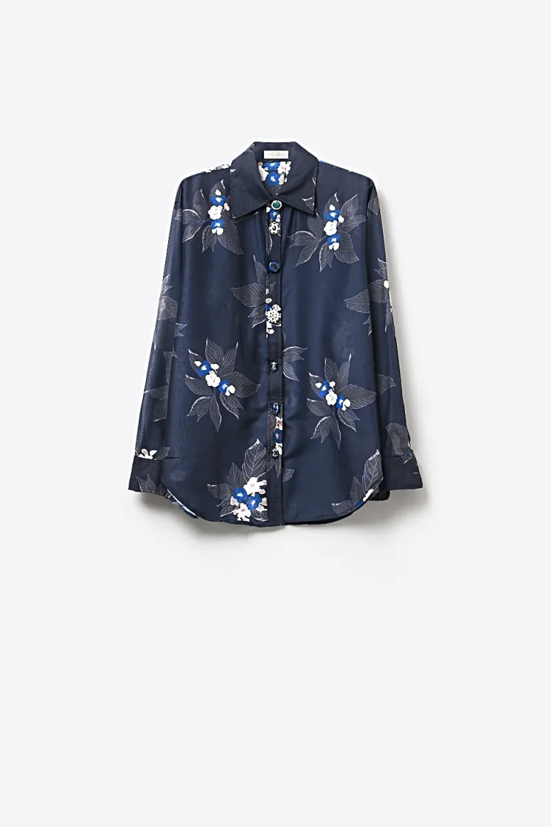 Camisa Azul-Marinho com Estampa Floral e Botões em Chiffon com Mangas Compridas - Image 6