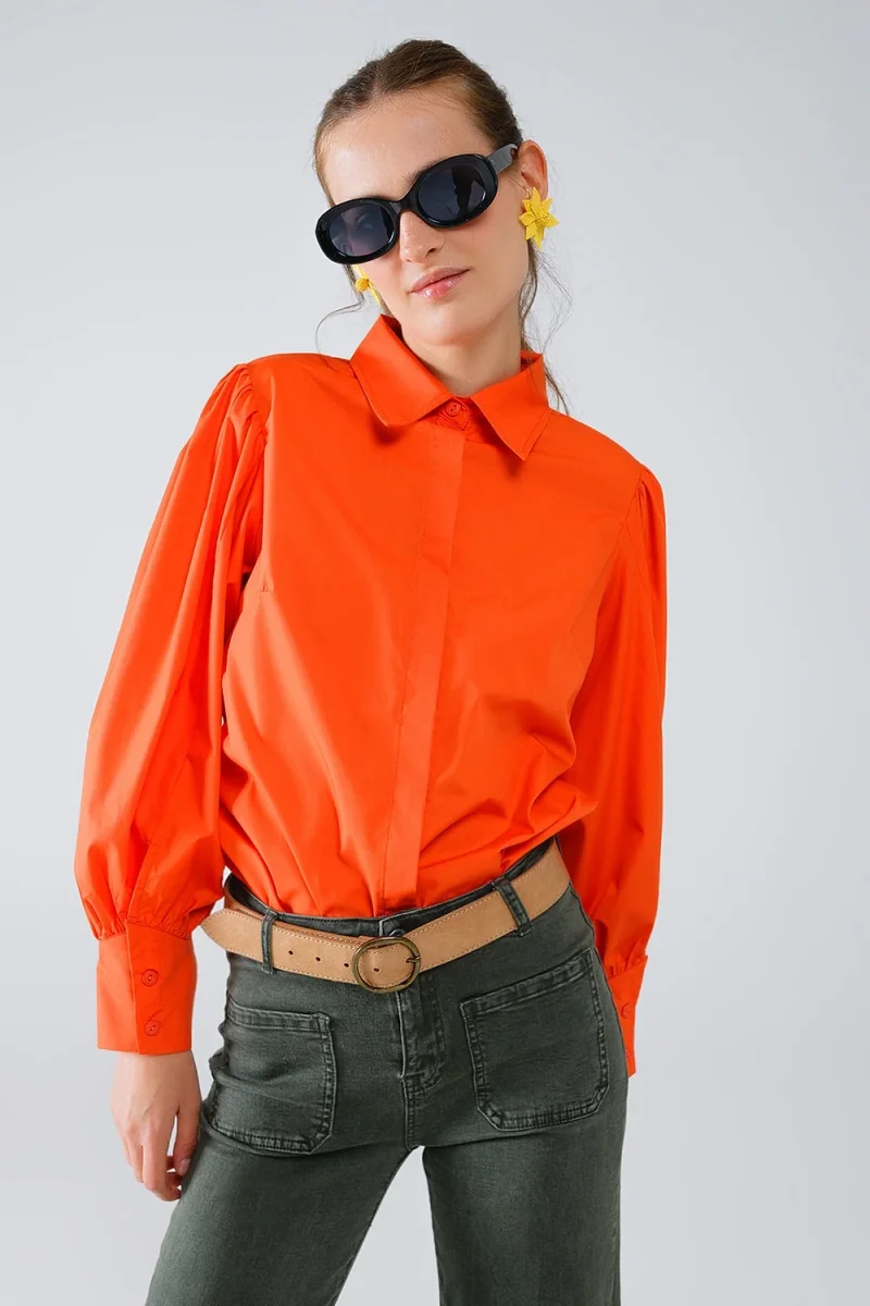 Camisa básica em popeline laranja com mangas compridas em balão - Image 2