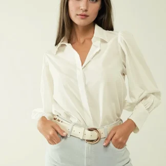 Camisa Basica poplin branca com mangas compridas em balão