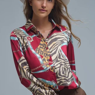 Camisa de manga comprida com estampado abstrato vermelho arrojado