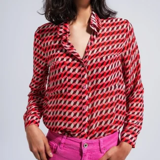 Camisa de manga comprida com impressão geométrica e colarinho de lapela