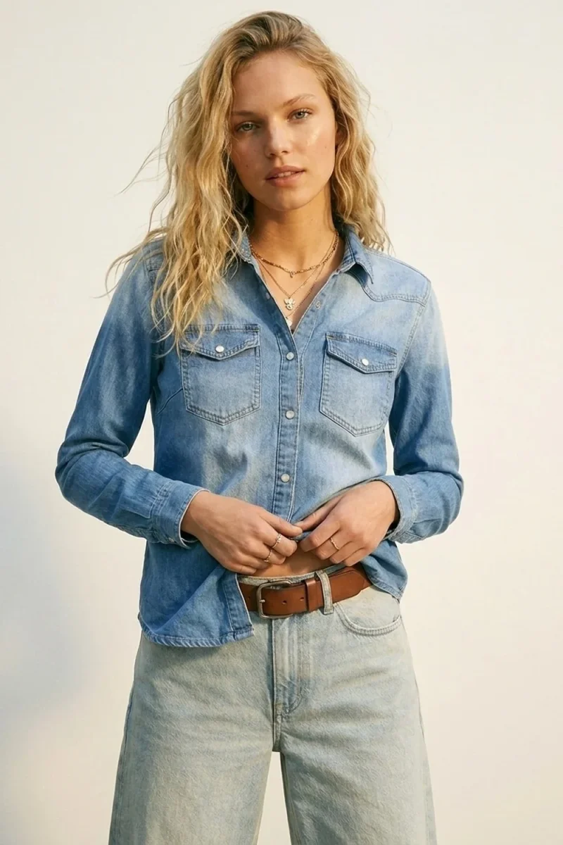 Camisa Jeans Azul Claro com Fechamento Frontal de Botões