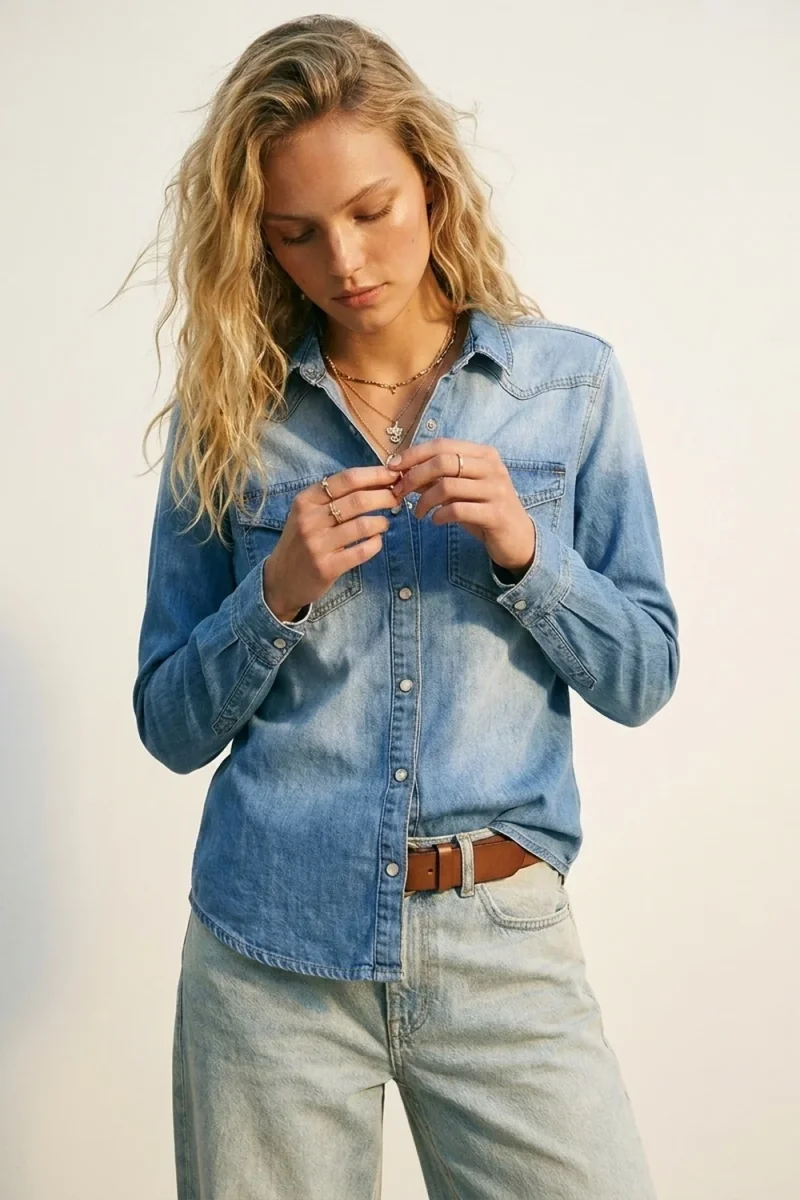 Camisa Jeans Azul Claro com Fechamento Frontal de Botões - Image 4