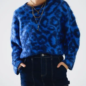 Camisola azul com estampado de leopardo em tecido de malha com lã