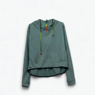 Camisola cinzento-esverdeada com pormenores de renda e fecho de correr