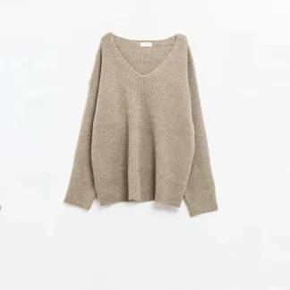 Camisola com decote em V bege de tamanho grande e aconchegante