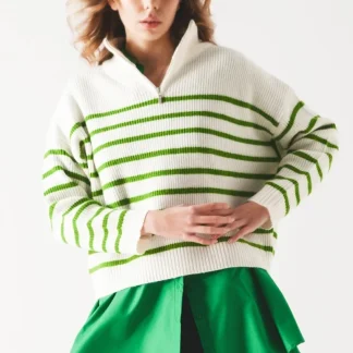 Camisola com pormenor de gola com fecho de correr às riscas em verde