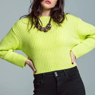 Camisola descontraída com gola alta e nervuras grossas em verde lima