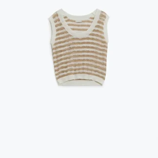 Camisola de malha aberta com corte às riscas e sem mangas em castanho e branco