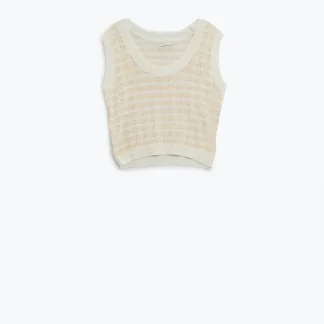 Camisola de malha aberta com corte às riscas e sem mangas em cream e branco