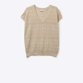 Camisola de malha bege com decote em V e manga comprida