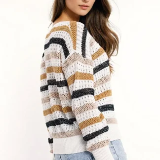 Camisola de malha branca com riscas multicoloridas
