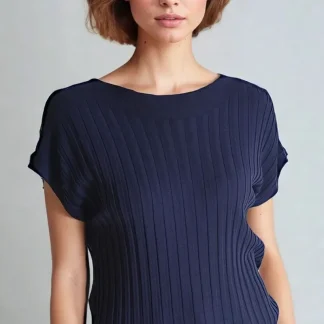 Camisola de malha canelada fina azul-marinho com gola redonda