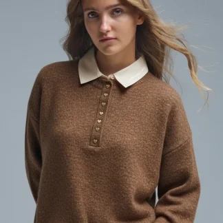 Camisola de malha castanha com botões dourados em forma de coração