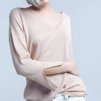Camisola de malha cor-de-rosa com detalhes dourados em lurex