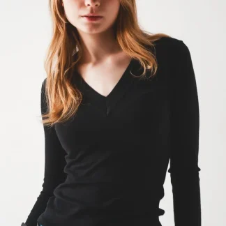 Camisola de malha fina com decote em V em preto