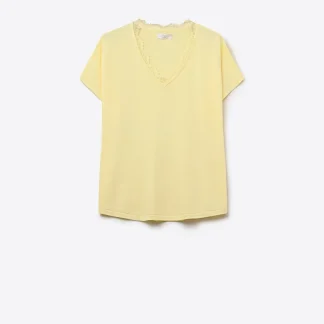 Camisola de malha fina e macia com decote em V e acabamento em renda em amarelo