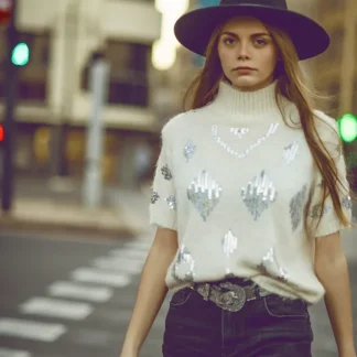 Camisola de manga curta creme com lantejoulas