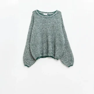 Camisola descontraída com riscas em forma de asa de morcego em malha verde e branca