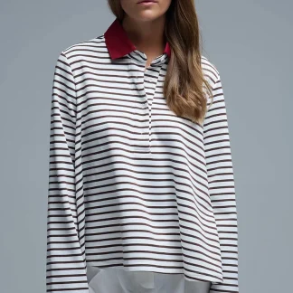 Camisola pólo de manga comprida com riscas relaxadas em branco e castanho