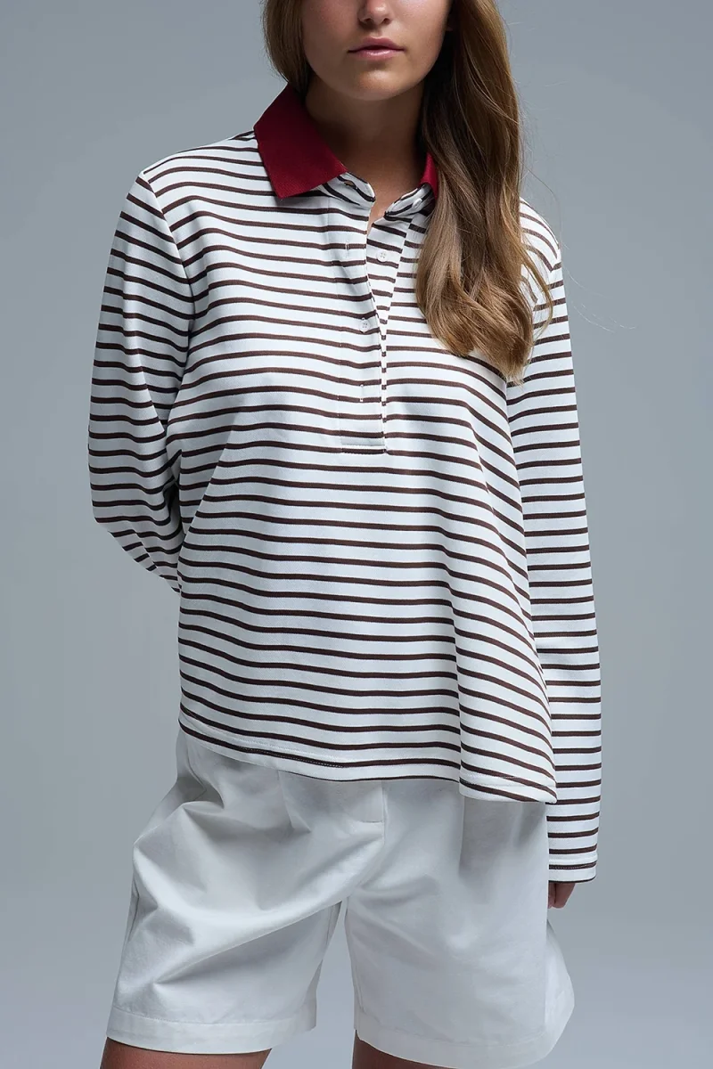Camisola pólo de manga comprida com riscas relaxadas em branco e castanho - Image 5