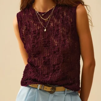 Camisola sem mangas em croché roxa borgonha