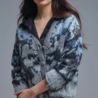 Casaco de malha cinzento elegante com estampado abstrato de lantejoulas