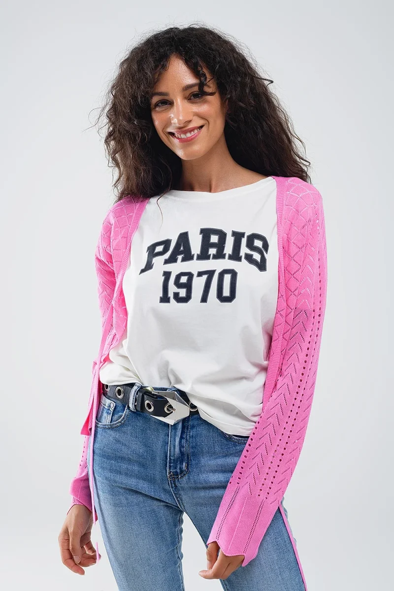 Casaco de malha cor-de-rosa com estampado Argyle e fecho com laço