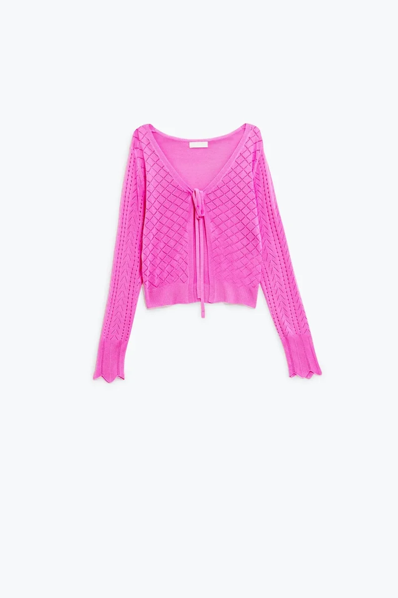 Casaco de malha cor-de-rosa com estampado Argyle e fecho com laço - Image 6