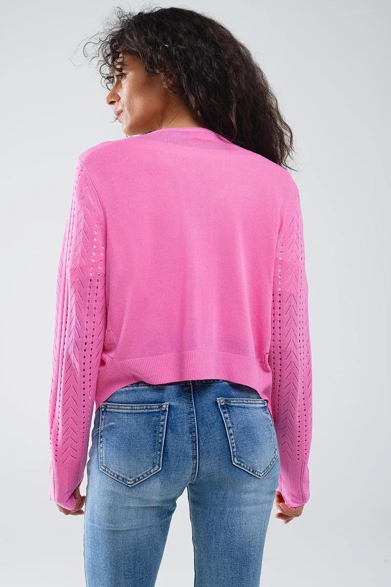 Casaco de malha cor-de-rosa com estampado Argyle e fecho com laço - Image 3