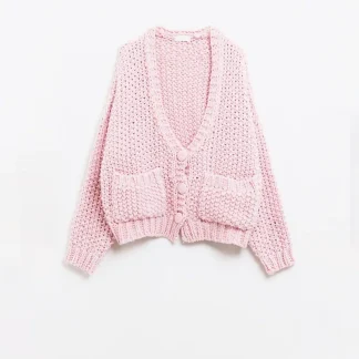 Casaco de malha volumosa cor-de-rosa de grandes dimensões com bolsos