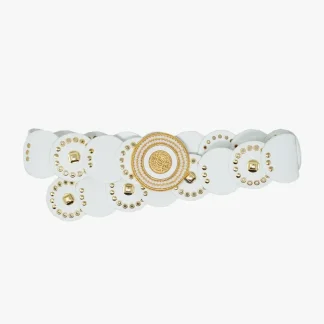 Cinto de couro branco com fivela redonda de strass branco e pormenores dourados
