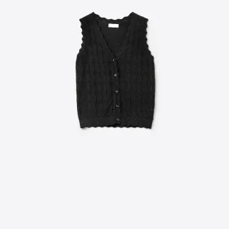 Colete de Malha Pointelle com Bordas Onduladas em Preto