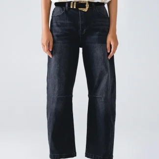 Jeans pretos retos com detalhe de costura