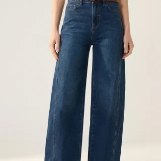 Jeans Wide-Leg de Denim Azul Clássico com Costura