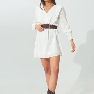 Mini Vestido de Rufo Floral em Branco
