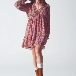 Mini Vestido Floral em V Pescoço em Multicor