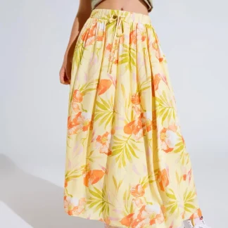 saia maxi amarela com estampado tropical