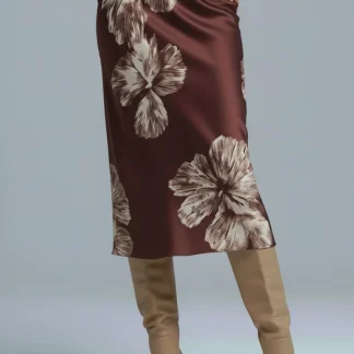 Saia midi de cetim floral borgonha em cetim